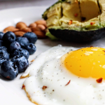 Image of breakfast foods, including an egg, grilled avocado, blueberries and almonds Image of breakfast foods, including an egg, grilled avocado, blueberries and almonds
