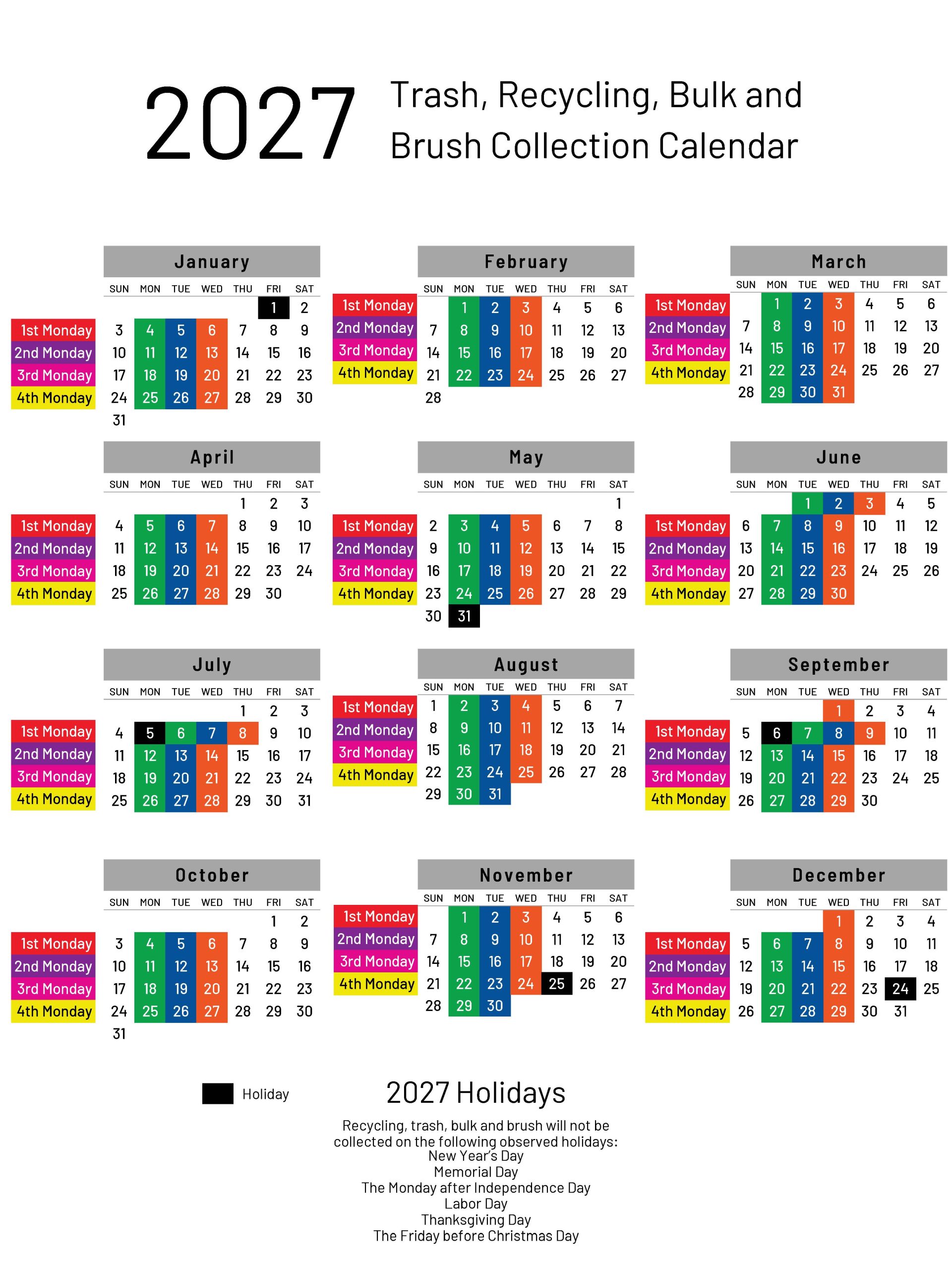 Image of the 2027 trash and recycling collection calendar